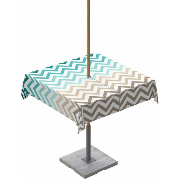 Fsddascl Turquoise Brown Outdoor Tablecloth - 60x60 Inch Square Dining Table Cover, Gradient Geometric Stripes Chevron Wave Waterproof Outdoor Table Cloth with Umbrella Hole & Zipper for Patio