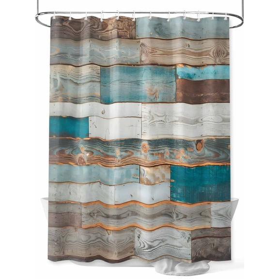 Fsddascl Turquoise Brown Shower Curtain Set - Extra Long 72" x 96" Washable Bathtub Curtain with 12 Hooks, Vintage Country Ombre Wooden Grain Waterproof Fabric Stall Shower Curtains for Bathroom