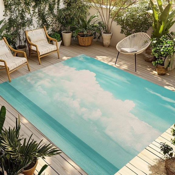 Fsddascl Turquoise Cloudy Sky Outdoor Rug for Patio/Deck/Porch, Non-Slip Large Area Rug 5 x 8 Ft, Summer Ocean Horizon Scenery Indoor Outdoor Rugs Washable Area Rugs, Reversible Camping Rug Carpet