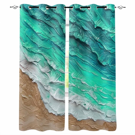 Fsddascl Turquoise Coastal Beach Blackout Curtains for Bedroom/Living Room, Thermal Insulated Kitchen Curtains, Summer Nautical Oil Painting Grommet Darkening Window Treatment Drapes 27.5"x39"x2