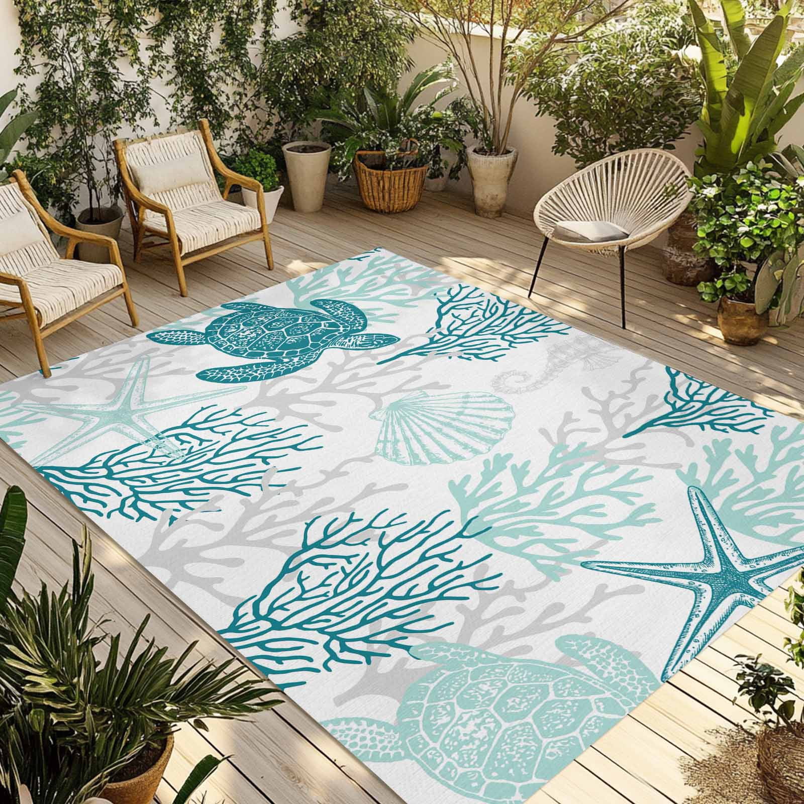 Fsddascl Turquoise Coastal Outdoor Rug for Patio/Deck, Non-Slip Large Area Rug 6 x 9 Ft, Sea Turtle Nautical Coral Summer Beach Indoor Outdoor Rugs Washable Area Rugs, Reversible Camping Rug Carpet