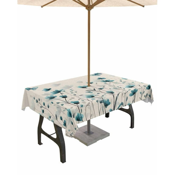 Fsddascl Turquoise Floral Butterfly Outdoor Tablecloth - 60x102 Inch Rectangle Dining Table Cover, Spring Rustic Botanical Beige Waterproof Outdoor Table Cloth with Umbrella Hole & Zipper for Patio