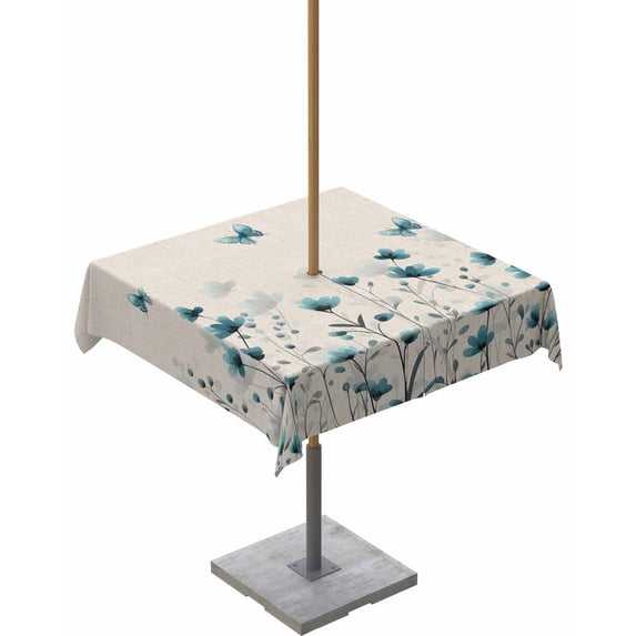 Fsddascl Turquoise Floral Butterfly Outdoor Tablecloth - 60x60 Inch Square Dining Table Cover, Spring Rustic Botanical Beige Waterproof Outdoor Table Cloth with Umbrella Hole & Zipper for Patio