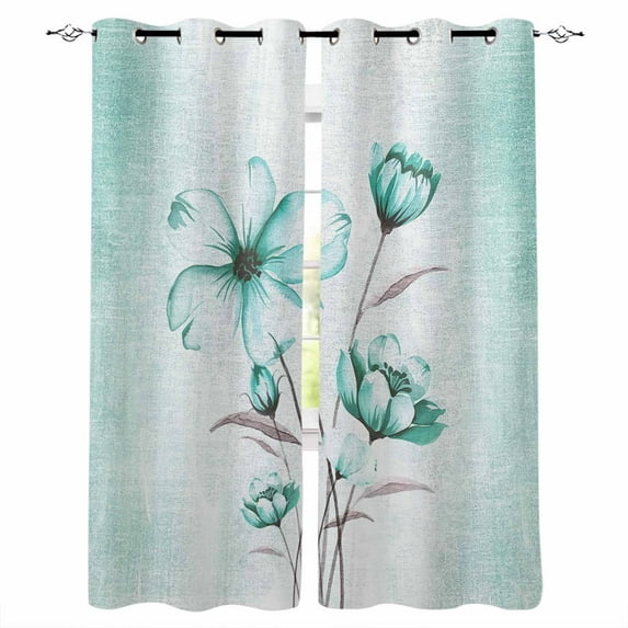 Fsddascl Turquoise Flowers Blackout Curtains for Bedroom/Living Room, Thermal Insulated Kitchen Curtains, Farmhouse Gradient Floral Plants Grommet Darkening Window Treatment Drapes 52"x63"x2