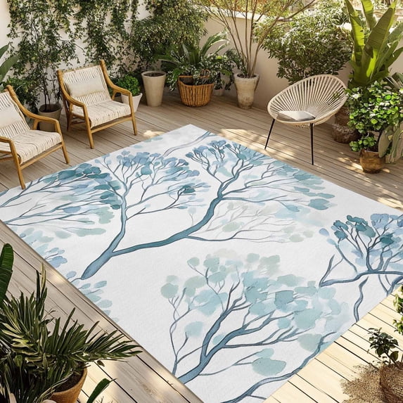 Fsddascl Turquoise Leaves Tree Outdoor Rug for Patio/Deck/Porch, Non-Slip Large Area Rug 5 x 8 Ft, Teal Retro Forest Branches Indoor Outdoor Rugs Washable Area Rugs, Reversible Camping Rug Carpet
