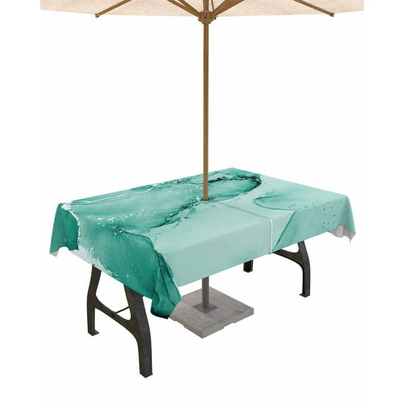 Fsddascl Turquoise Marble Outdoor Tablecloth - 60x120 Inch Rectangle Dining Table Cover, Nature Marble Stone Ripple Modern Art Waterproof Outdoor Table Cloth with Umbrella Hole & Zipper for Patio