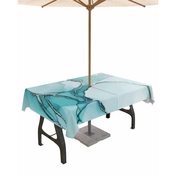 Fsddascl Turquoise Marble Outdoor Tablecloth - 60x84 Inch Rectangle Dining Table Cover, Nature Marble Crack Country Retro Waterproof Outdoor Table Cloth with Umbrella Hole & Zipper for Picnic/Patio