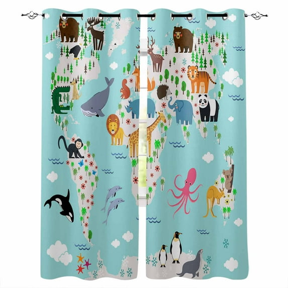 Fsddascl Turquoise Ocean Blackout Curtains for Bedroom/Living Room, Thermal Insulated Kitchen Curtains, Funny Cute Animals Clouds Cartoon Grommet Darkening Window Treatment Drapes 42"x63"x2