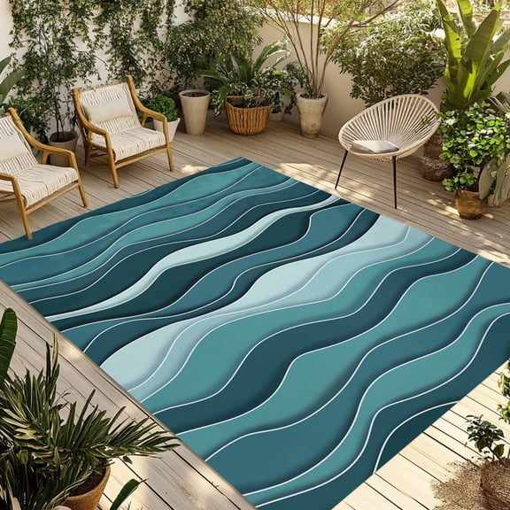 Fsddascl Turquoise Ombre Outdoor Rug for Patio/Deck/Porch, Non-Slip Large Area Rug 4 x 6 Ft, Abstract Art Moire Ocean Waves Indoor Outdoor Rugs Washable Area Rugs, Reversible Camping Rug Carpet