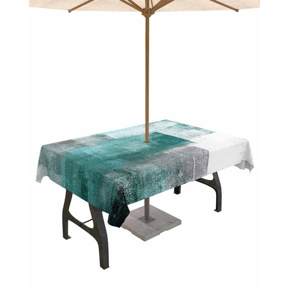 Fsddascl Turquoise Ombre Outdoor Tablecloth - 60x84 Inch Rectangle Dining Table Cover, Modern Abstract Mottled Texture Art Waterproof Outdoor Table Cloth with Umbrella Hole & Zipper for Picnic/Patio