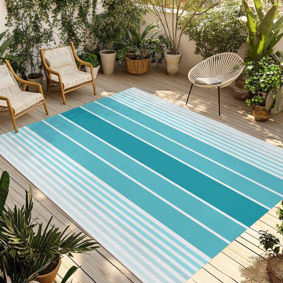 Fsddascl Turquoise Ombre Stripe Outdoor Rug for Patio/Deck/Porch, Non-Slip Large Area Rug 6 x 9 Ft, Farmhouse Striped Gradient Indoor Outdoor Rugs Washable Area Rugs, Reversible Camping Rug Carpet