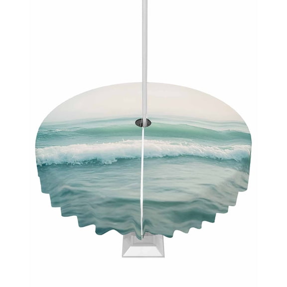 Fsddascl Turquoise Seaside Outdoor Tablecloth - 54 Inch Round Dining Table Cover, Summer Beach Ocean Coastal Waterproof Outdoor Table Cloth with Umbrella Hole & Zipper for Picnic/Patio/Party