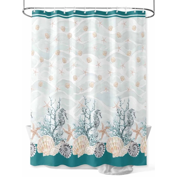 Fsddascl Turquoise Shell Shower Curtain Set - Small 36" x 72" Washable Bathtub Curtain with 12 Hooks, Rustic Coastal Nautical Ocean Animals Waterproof Fabric Stall Shower Curtains for Bathroom