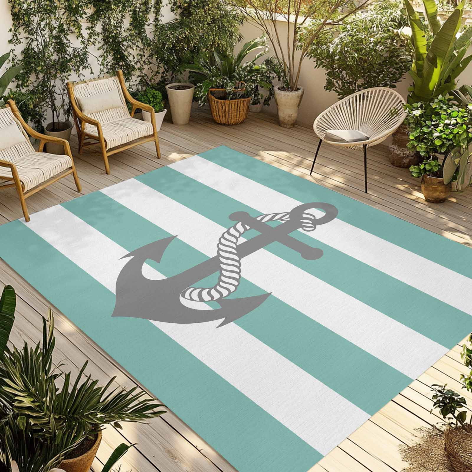 Fsddascl Turquoise Stripe Nautical Outdoor Rug for Patio/Deck/Porch ...