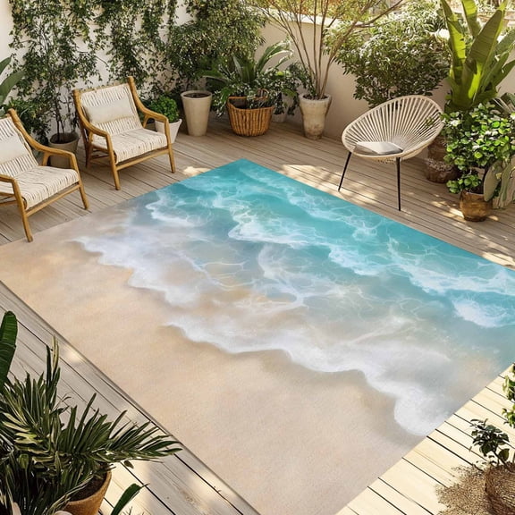 Fsddascl Turquoise Summer Beach Outdoor Rug for Patio/Deck/Porch, Non-Slip Large Area Rug 4 x 6 Ft, Coastal Water Ripple Indoor Outdoor Rugs Washable Area Rugs, Reversible Camping Rug Carpet Runner