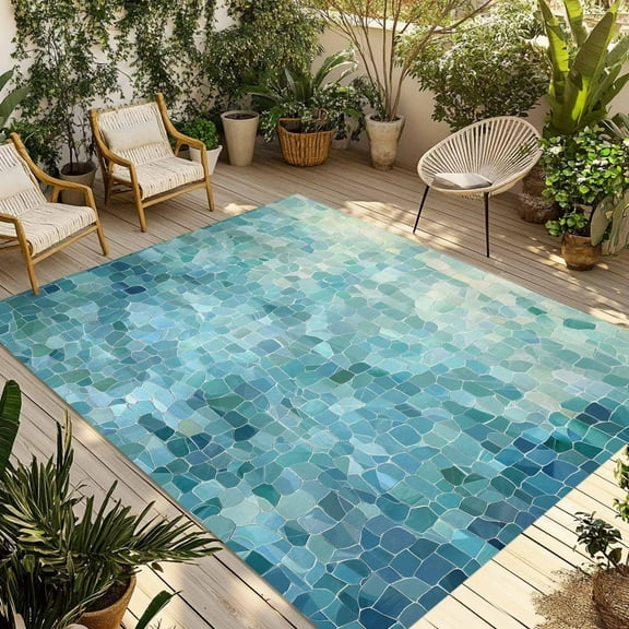 Fsddascl Turquoise Teal Outdoor Rug for Patio/Deck/Porch, Non-Slip Large Area Rug 5 x 8 Ft, Chic Abstract Aesthetic Art Modern Indoor Outdoor Rugs Washable Area Rugs, Reversible Camping Rug Carpet