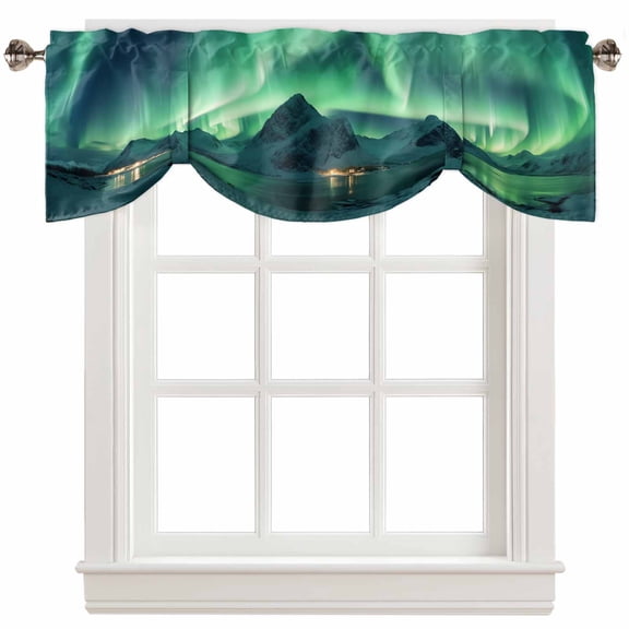 Fsddascl Turquoise Tie Up Valance Curtains for Windows, Kitchen Curtains Window Treatments, Teal Aurora Iceland Scenery Mountain Short Window Shades Valances for Bedroom Bathroom Cafe 42"x12"