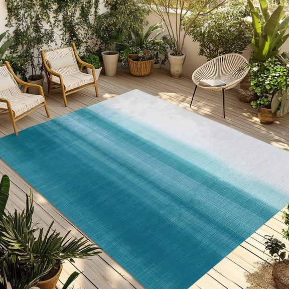 Fsddascl Turquoise White Ombre Outdoor Rug for Patio/Deck/Porch, Non-Slip Large Area Rug 4 x 6 Ft, Modern Country Abstract Stripes Indoor Outdoor Rugs Washable Area Rugs, Camping Rug Carpet