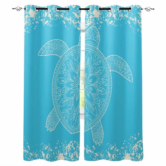 Fsddascl Turtle Aqua Blue Blackout Curtains for Bedroom/Living Room, Thermal Insulated Kitchen Curtains, Coastal Ocean Boho Flower Retro Mottled Grommet Darkening Window Treatment Drapes 27.5"x39"x2