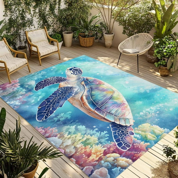 Fsddascl Turtle Outdoor Rug for Patio/Deck/Porch, Non-Slip Large Area Rug 4 x 6 Ft, Coastal Ocean Coral Gradient Watercolor Indoor Outdoor Rugs Washable Area Rugs, Reversible Camping Rug Carpet