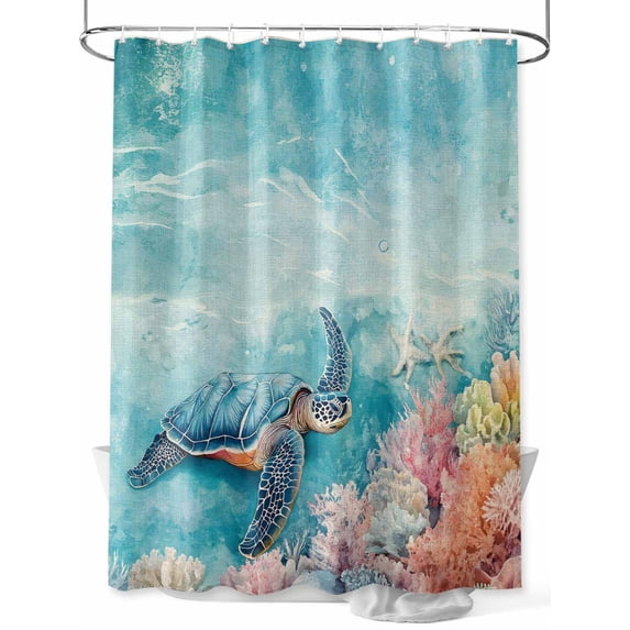 Fsddascl Turtle Shower Curtain Set - 72" x 78" Washable Bathtub Curtain with 12 Hooks, Coastal Ocean Starfish Coral Watercolor Blue Waterproof Fabric Stall Shower Curtains for Bathroom/Bathtub