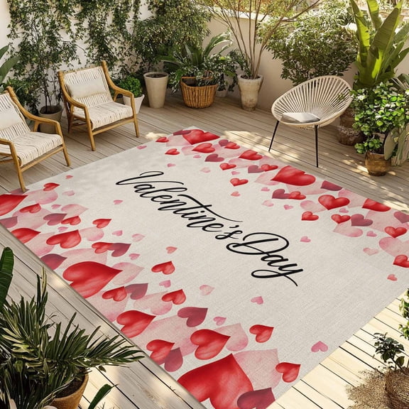 Fsddascl Valentine's Day Outdoor Rug for Patio/Deck/Porch, Non-Slip Large Area Rug 4 x 6 Ft, Farmhouse Vintage Red Pink Love Heart Indoor Outdoor Rugs Washable Area Rugs, Camping Rug Carpet Runner