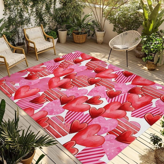 Fsddascl Valentine's Day Outdoor Rug for Patio/Deck/Porch, Non-Slip Large Area Rug 4 x 6 Ft, Modern Red Pink Striped Love Heart Indoor Outdoor Rugs Washable Area Rugs, Camping Rug Carpet Runner