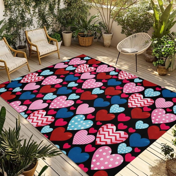 Fsddascl Valentine's Day Outdoor Rug for Patio/Deck/Porch, Non-Slip Large Area Rug 4 x 6 Ft, Pink Blue Red Dots Striped Love Black Indoor Outdoor Rugs Washable Area Rugs, Camping Rug Carpet Runner