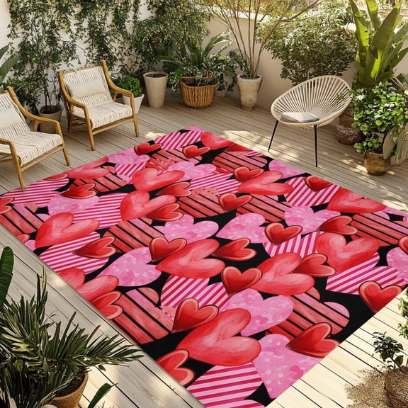 Fsddascl Valentine's Day Outdoor Rug for Patio/Deck/Porch, Non-Slip Large Area Rug 5 x 8 Ft, Red Pink Striped Love Heart Black Indoor Outdoor Rugs Washable Area Rugs, Camping Rug Carpet Runner