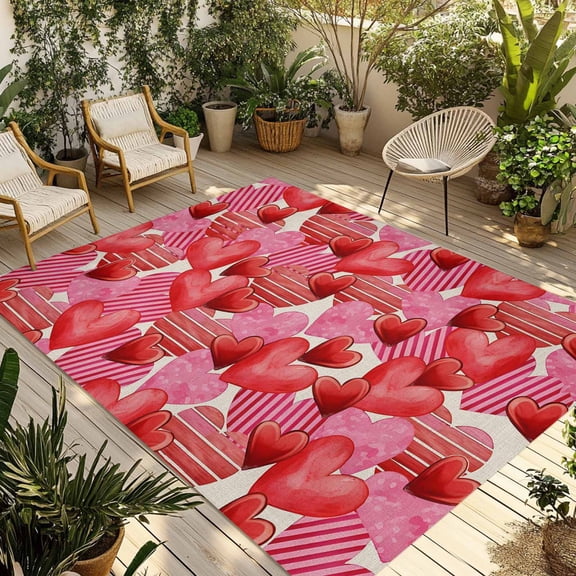Fsddascl Valentine's Day Outdoor Rug for Patio/Deck/Porch, Non-Slip Large Area Rug 5 x 8 Ft, Romantic Farmhouse Red Pink Striped Love Indoor Outdoor Rugs Washable Area Rugs, Camping Rug Carpet Runner