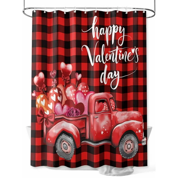 Fsddascl Valentines Day Shower Curtain Set - 48" x 72" Washable Bathtub Curtain with 12 Hooks, Romantic Truck Love Heart Red Black Buffalo Plaid Waterproof Fabric Stall Shower Curtains for Bathroom