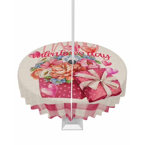 Fsddascl Valentines Floral Outdoor Tablecloth - 54 Inch Round Dining Table Cover, Watercolor Pink Plaid Rutsic Love Heart Waterproof Outdoor Table Cloth with Umbrella Hole & Zipper for Picnic/Patio