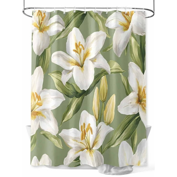 Fsddascl Verdant Flower Patterns Shower Curtain Set - 60" x 72" Washable Bathtub Curtain with 12 Hooks, Green White Spring Floral Waterproof Fabric Stall Shower Curtains for Bathroom/Bathtub Décor