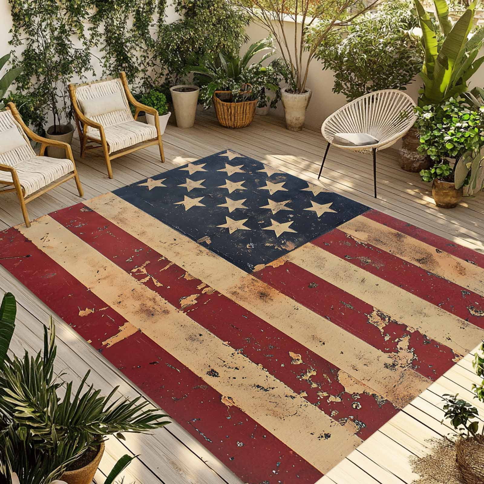 Fsddascl Vintage American Flag Outdoor Rug for Patio/Deck/Porch, Non-Slip Large Area Rug 4 x 6 Ft, Retro US Flag White Red Blue Indoor Outdoor Rugs Washable Area Rugs, Reversible Camping Rug Carpet