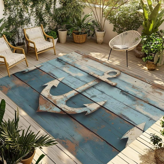 Fsddascl Vintage Anchor Outdoor Rug for Patio/Deck/Porch, Non-Slip Large Area Rug 5 x 8 Ft, Retro Farmhouse Nautical Wooden Indoor Outdoor Rugs Washable Area Rugs, Reversible Camping Rug Carpet