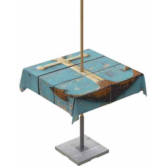 Fsddascl Vintage Anchor Outdoor Tablecloth - 60x60 Inch Square Dining Table Cover, Coastal Nautical Blue Brown Wooden Waterproof Outdoor Table Cloth with Umbrella Hole & Zipper for Picnic/Patio
