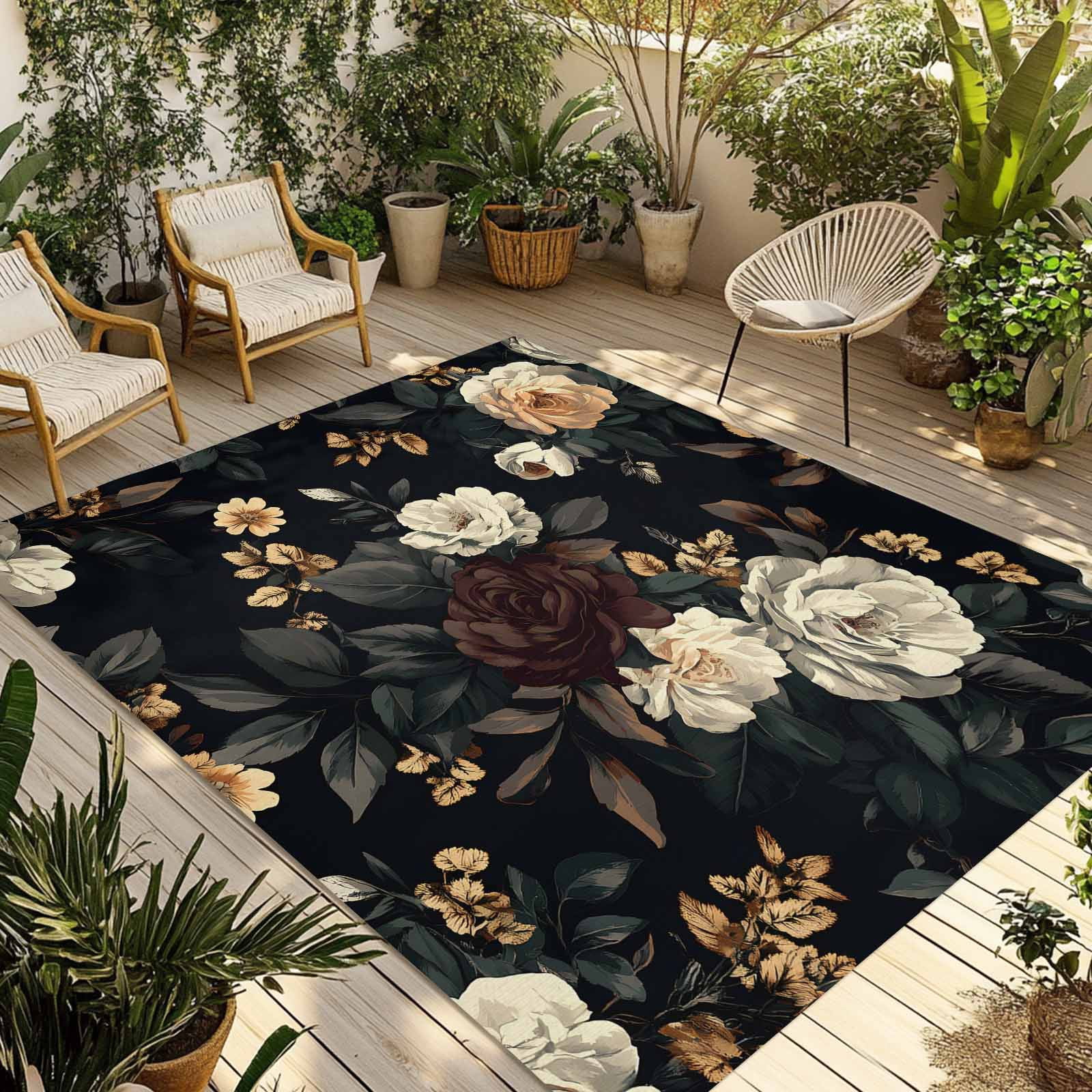 Fsddascl Vintage Black Floral Outdoor Rug for Patio/Deck/Porch