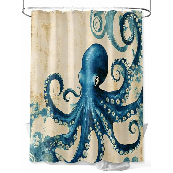 Fsddascl Vintage Blue Octopus Shower Curtain Set - Standard 72" x 72" Washable Bathtub Curtain with 12 Hooks, Summer Coastal Ocean Wave Waterproof Fabric Stall Shower Curtains for Bathroom/Bathtub