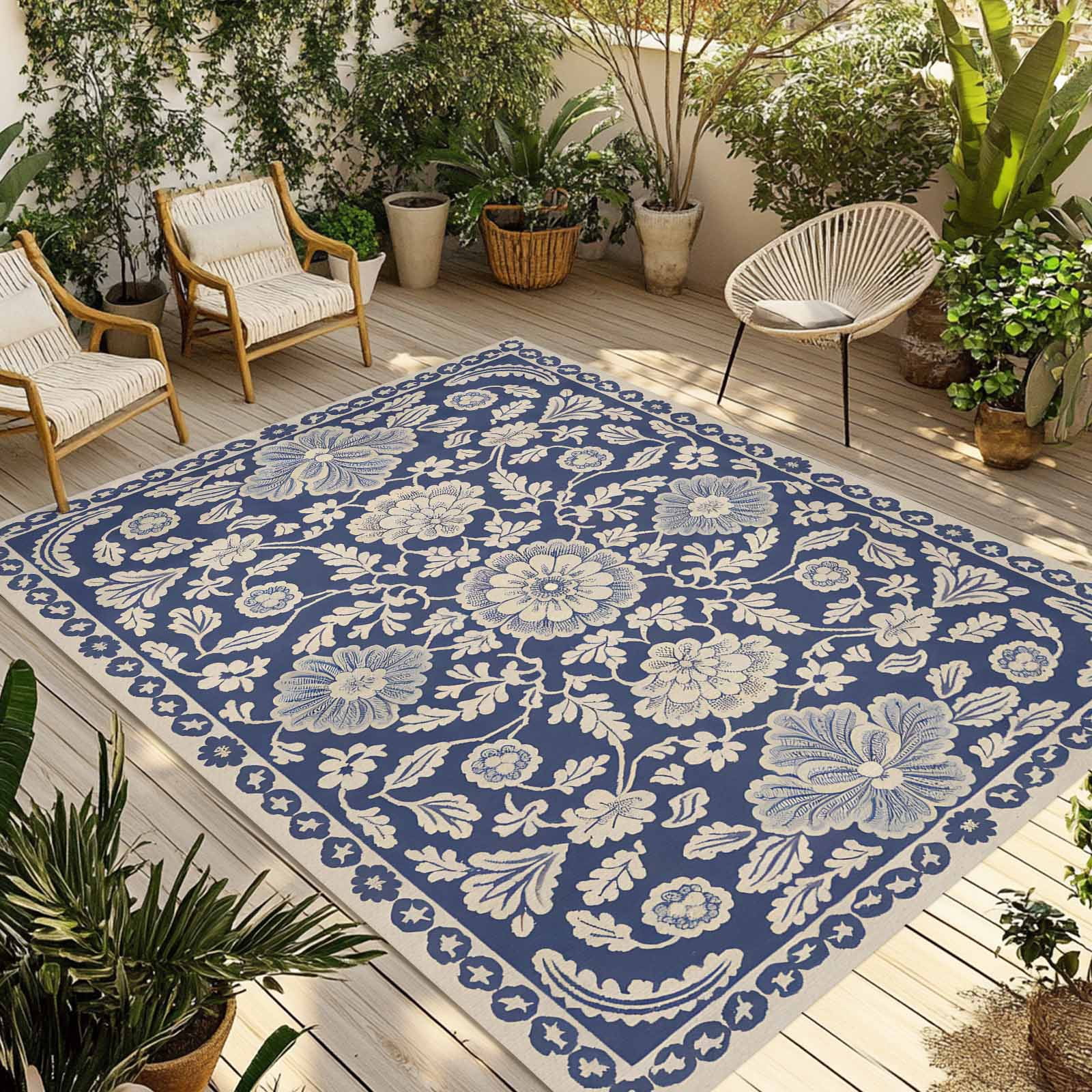Fsddascl Vintage Boho Outdoor Rug for Patio/Deck/Porch, Non-Slip Large Area Rug 4 x 6 Ft, Neutral Abstract Flowers Pattern Aesthetic Indoor Outdoor Rugs Washable Area Rugs, Camping Rug Carpet