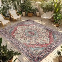 Fsddascl Vintage Boho Outdoor Rug for Patio/Deck/Porch, Non-Slip Large Area Rug 5 x 8 Ft, Modern Geometric Aesthetics Abstract Art Indoor Outdoor Rugs Washable Area Rugs, Camping Rug Carpet