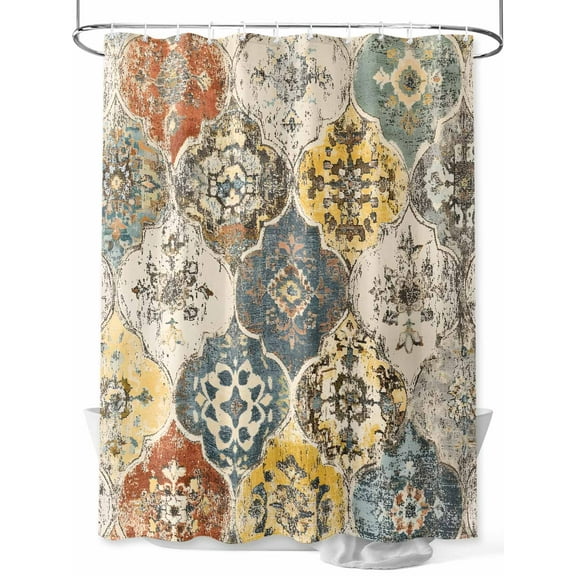 Fsddascl Vintage Boho Shower Curtain Set - Small 36" x 72" Washable Bathtub Curtain with 12 Hooks, Chic Farmhouse Neutral Morocco Geometric Waterproof Fabric Stall Shower Curtains for Bathroom