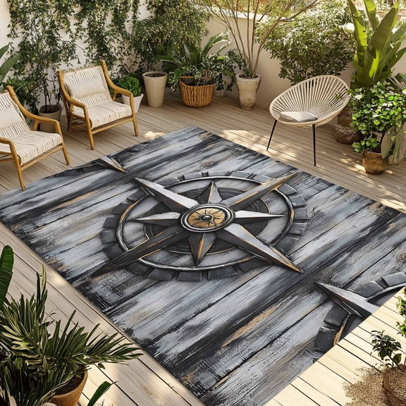 Fsddascl Vintage Coastal Outdoor Rug for Patio/Deck/Porch, Non-Slip Large Area Rug 4 x 6 Ft, Nautical Ocean Summer Beach Compass Indoor Outdoor Rugs Washable Area Rugs, Reversible Camping Rug Carpet
