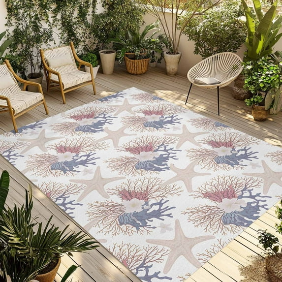 Fsddascl Vintage Coral Coastal Outdoor Rug for Patio/Deck/Porch, Non-Slip Large Area Rug 6 x 9 Ft, Summer Starfish Shell Indoor Outdoor Rugs Washable Area Rugs, Reversible Camping Rug Carpet Runner