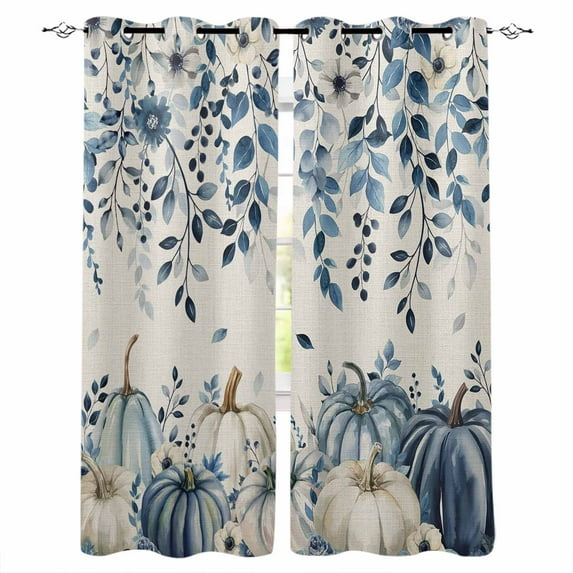 Fsddascl Vintage Fall Blue Blackout Curtains for Bedroom/Living Room, Thermal Insulated Kitchen Curtains, Thanksgiving Botanical Pumpkins Rustic Grommet Darkening Window Treatment Drapes 42"x84"x2
