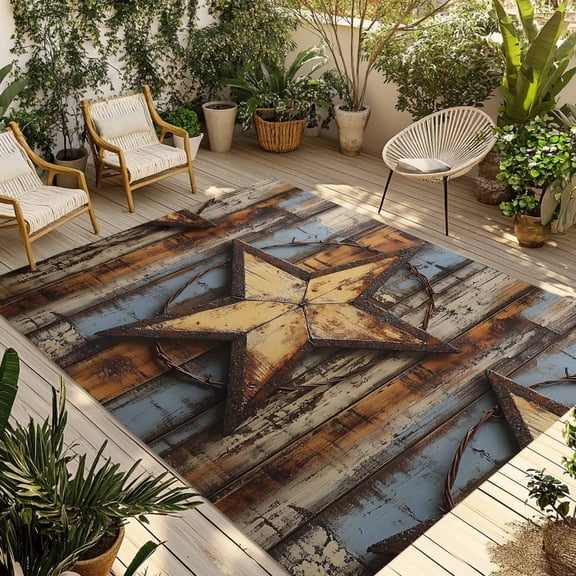 Fsddascl Vintage Farmhouse Outdoor Rug for Patio/Deck/Porch, Non-Slip Large Area Rug 5 x 8 Ft, Wooden Western Texas Star Pattern Indoor Outdoor Rugs Washable Area Rugs, Reversible Camping Rug Carpet