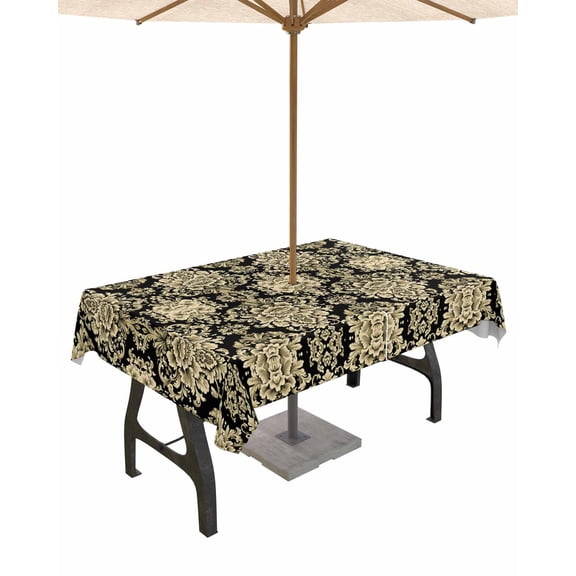 Fsddascl Vintage Floral Boho Outdoor Tablecloth - 60x102 Inch Rectangle Dining Table Cover, Retro Ethnic Tribe Abstract Art Waterproof Outdoor Table Cloth with Umbrella Hole & Zipper for Patio