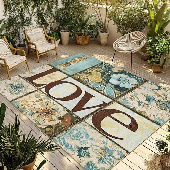 Fsddascl Vintage Floral Buffalo Plaid Outdoor Rug for Patio/Deck/Porch, Non-Slip Large Area Rug 4 x 6 Ft, Blue Beige Checkered Indoor Outdoor Rugs Washable Area Rugs, Reversible Camping Rug Carpet