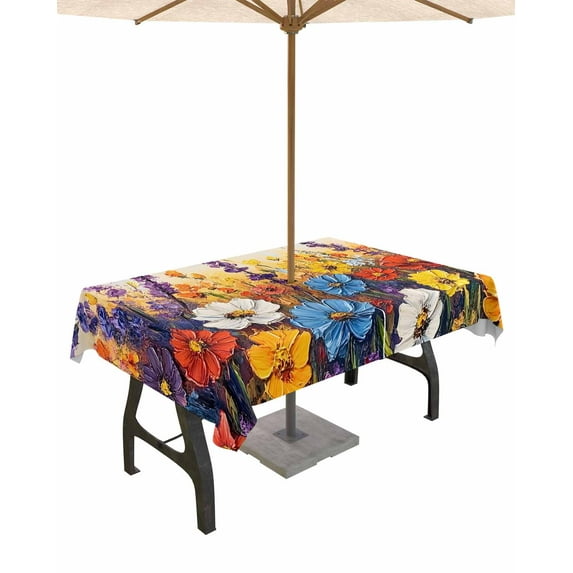 Fsddascl Vintage Flowers Outdoor Tablecloth - 60x102 Inch Rectangle Dining Table Cover, Abstract Oil Painted Farmhouse Botanical Waterproof Outdoor Table Cloth with Umbrella Hole & Zipper for Patio
