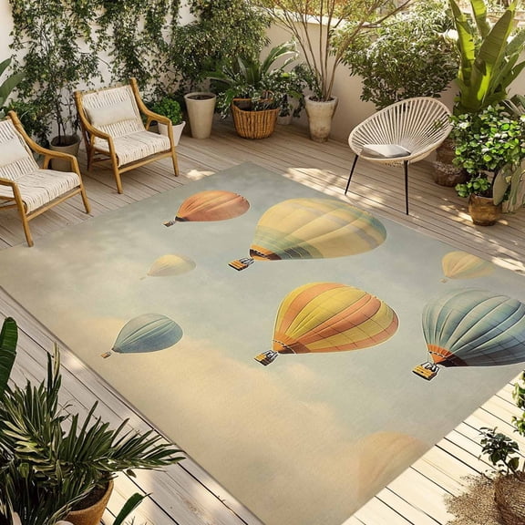 Fsddascl Vintage Hot Air Balloon Outdoor Rug for Patio/Deck/Porch, Non-Slip Large Area Rug 5 x 8 Ft, Modern Balloon Floating Indoor Outdoor Rugs Washable Area Rugs, Reversible Camping Rug Carpet