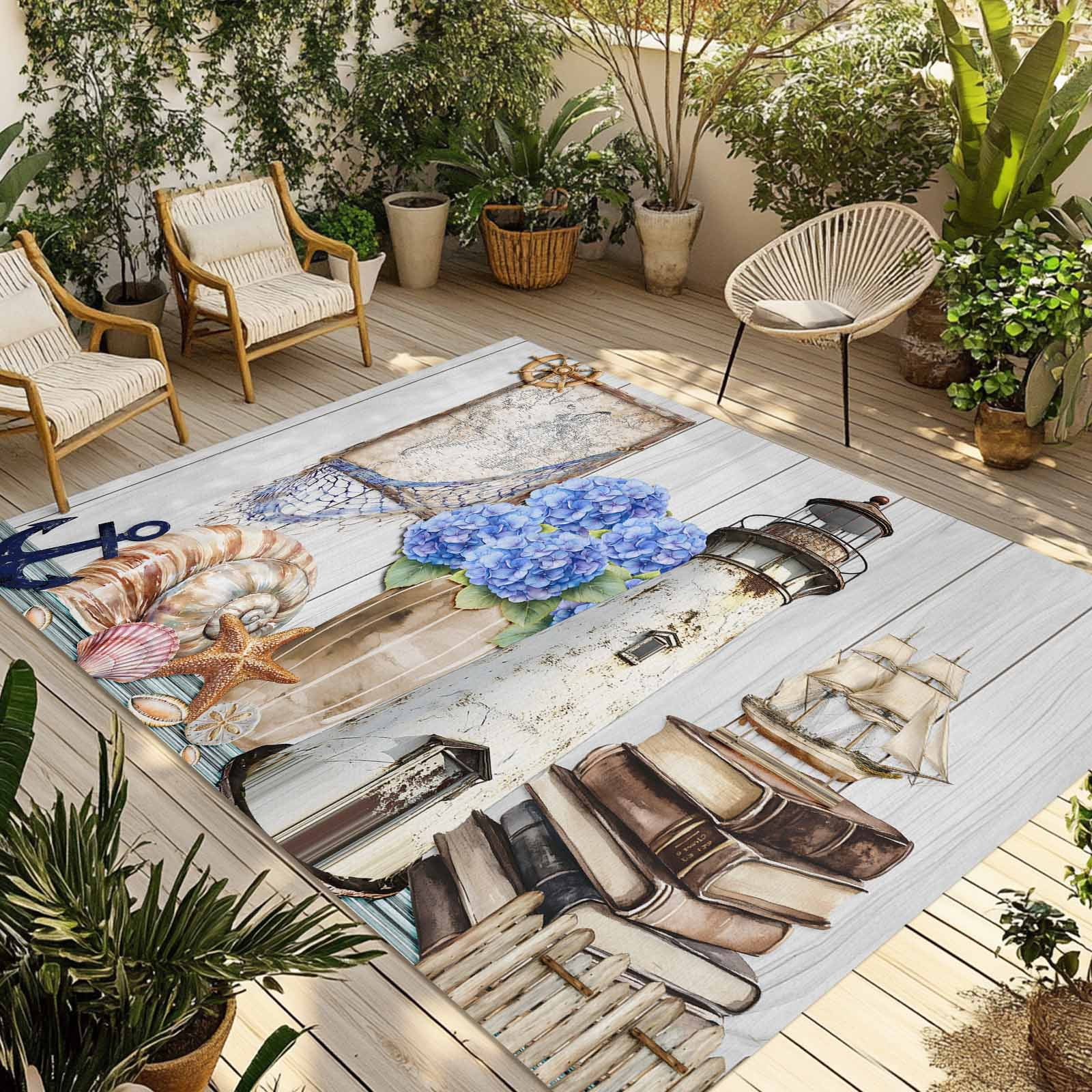 Fsddascl Vintage Lighthouse Coastal Outdoor Rug for Patio/Deck/Porch ...